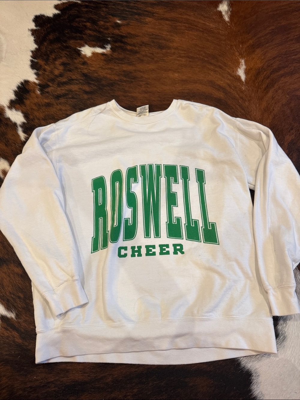 Comfort Colors White Sweatshirt with Green "Roswell Cheer" Print